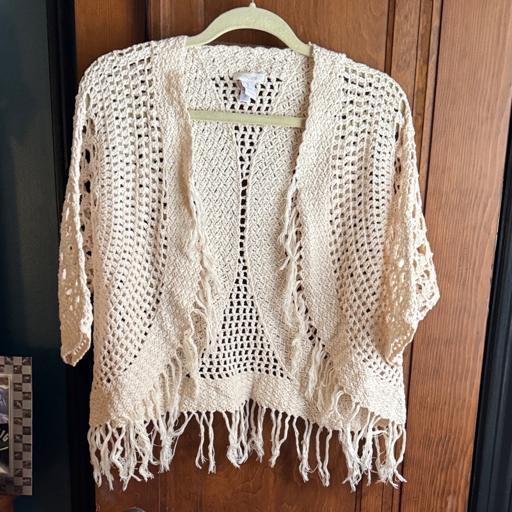 Chico's Beige Cream Fringed Open-Knit Crochet Cardigan 1 M Medium